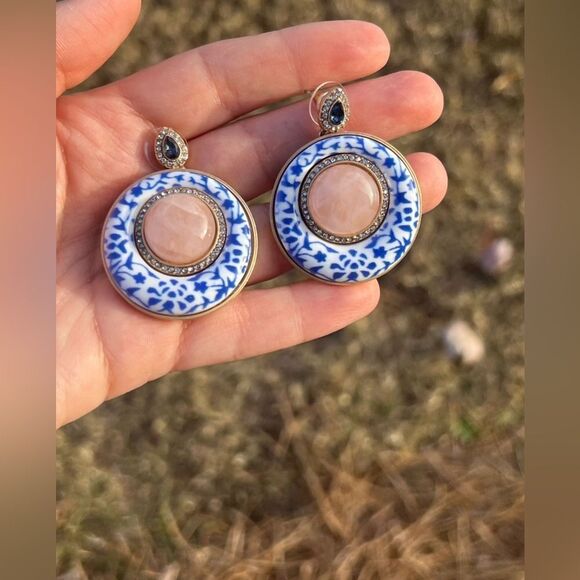 Porcelain-Inspired Enamel and Rose Quartz Drop Earrings - Picture 3 of 6